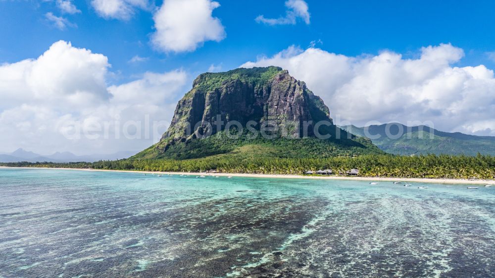 Le Morne from the bird's eye view: View over La Gaulette to the prominent mountain Le Morne Brabant at the south-west coast of the island Mauritius at the Indian Ocean