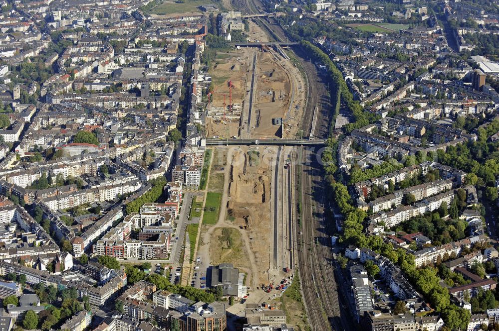 Aerial photograph Düsseldorf - Erschließungsfläche für das Le Quartier Central auf dem Gelände des ehemaligen Güterbahnhofs Düsseldorf-Derendorf. Es ist eines der größten städtebaulichen Entwicklungsgebiete Düsseldorfs und soll einen Mix aus Wohnen, Arbeiten, Freizeitangeboten, Gastronomie und Nahversorgung beiten. Eigentümer und Entwickler ist die aurelis Real Estate GmbH & Co. KG. Development area for the Le Quartier Central at the site of the former goods station Dusseldorf-Derendorf. It is one of the largest urban development areas in Dusseldorf.