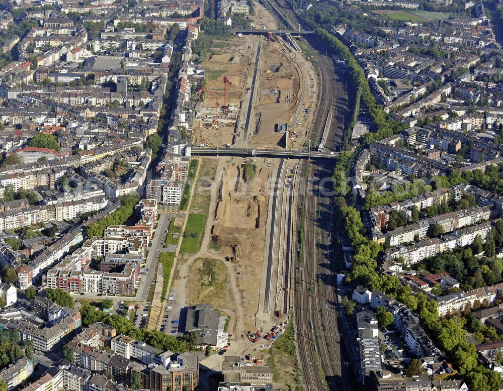 Düsseldorf from above - Erschließungsfläche für das Le Quartier Central auf dem Gelände des ehemaligen Güterbahnhofs Düsseldorf-Derendorf. Es ist eines der größten städtebaulichen Entwicklungsgebiete Düsseldorfs und soll einen Mix aus Wohnen, Arbeiten, Freizeitangeboten, Gastronomie und Nahversorgung beiten. Eigentümer und Entwickler ist die aurelis Real Estate GmbH & Co. KG. Development area for the Le Quartier Central at the site of the former goods station Dusseldorf-Derendorf. It is one of the largest urban development areas in Dusseldorf.