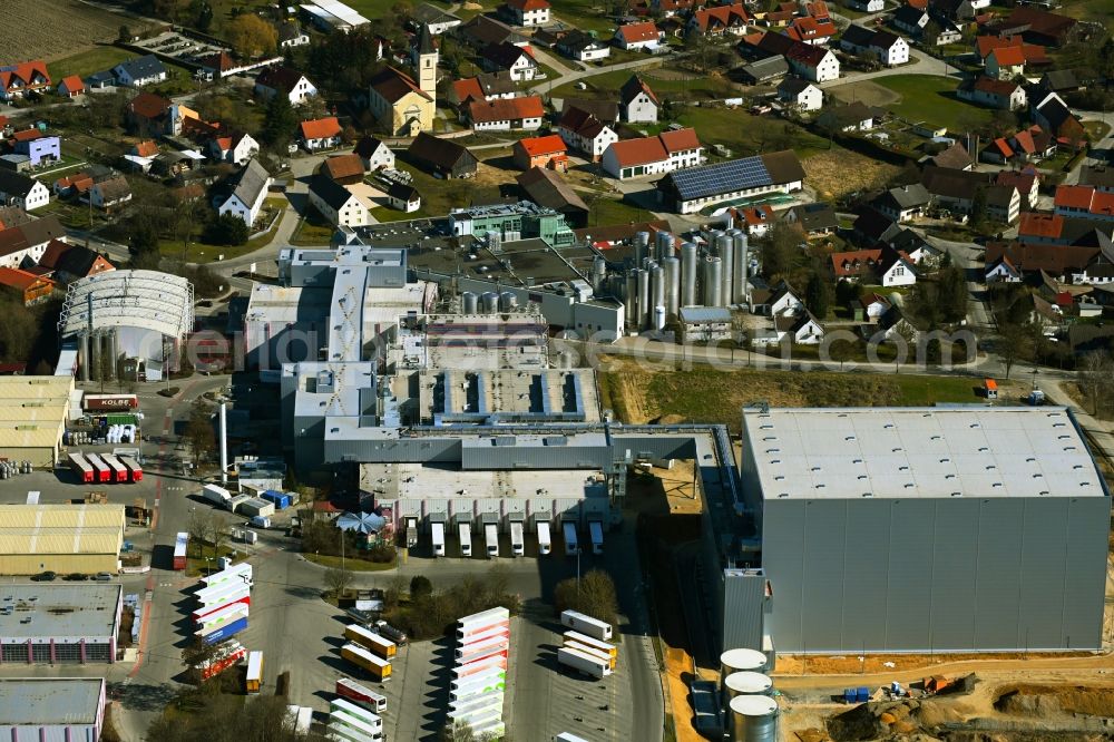 Aerial image Aretsried - Buildings and production halls on the food manufacturer's premises of Molkerei Alois Mueller GmbH & Co. KG on street Zollerstrasse in Aretsried in the state Bavaria, Germany