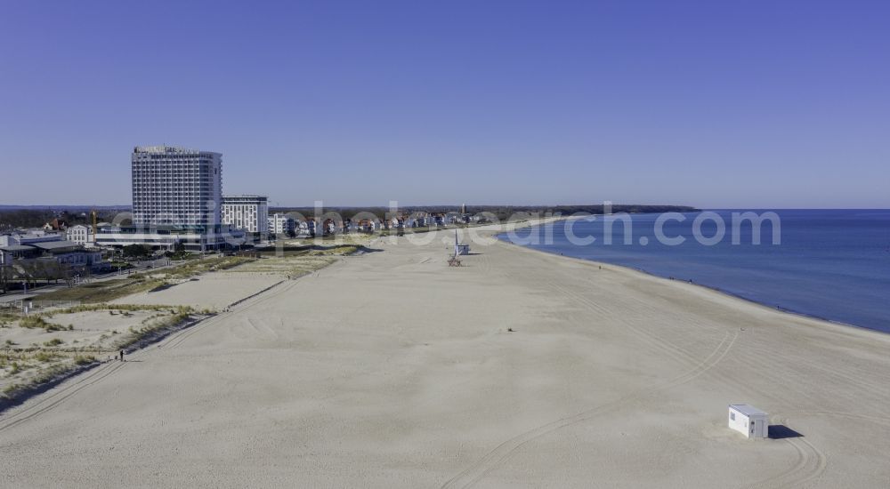 Rostock from above - Crises cause deserted sandy beaches landscape along the of Baltic Sea in the district Warnemuende in Rostock in the state Mecklenburg - Western Pomerania, Germany