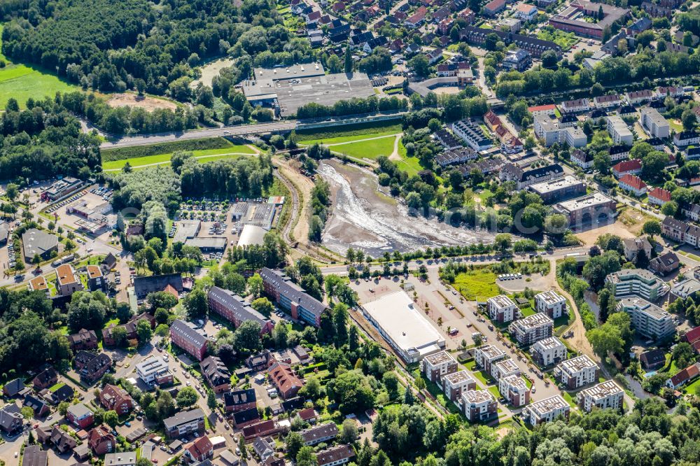 Buxtehude from the bird's eye view: Draining of the pond Muehlenteich in Buxtehude in the state Lower Saxony, Germany