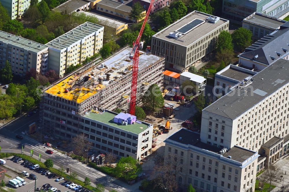 Dresden from the bird's eye view: Construction site of new complex of the university HTW in Dresden in the state Saxony