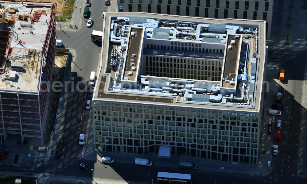 Berlin from above - Lehrter Stadtquartier quarter in the Moabit part of Berlin in Germany. The quarter consists of 5 blocks which form a complex of office buildings and hotels