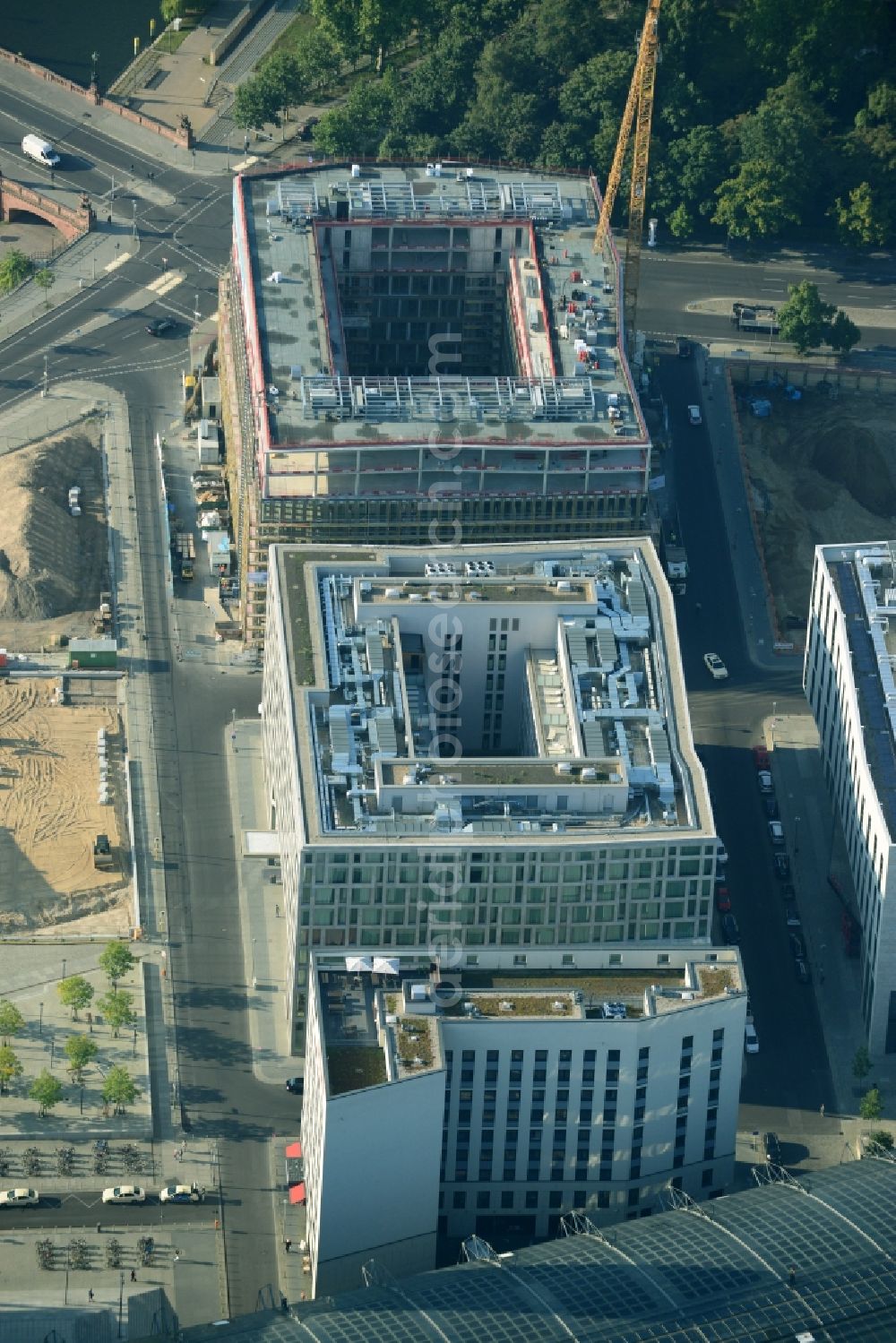 Berlin Moabit from above - Lehrter Stadtquartier quarter in the Moabit part of Berlin in Germany. The quarter consists of 5 blocks which form a complex of office buildings and hotels