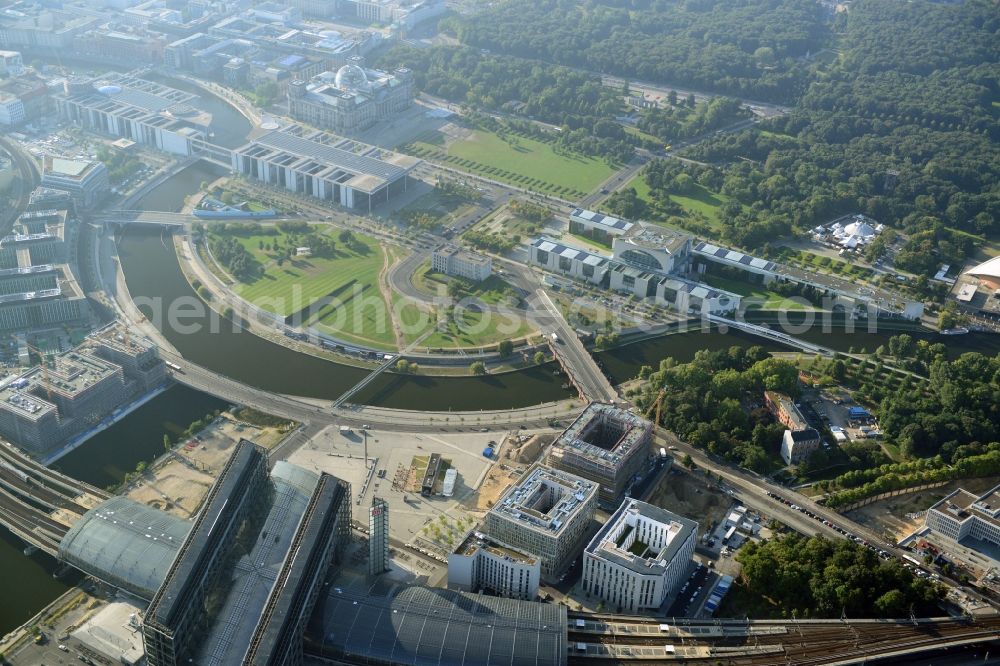 Berlin Moabit from above - Lehrter Stadtquartier quarter in the Moabit part of Berlin in Germany. The quarter consists of 5 blocks which form a complex of office buildings and hotels