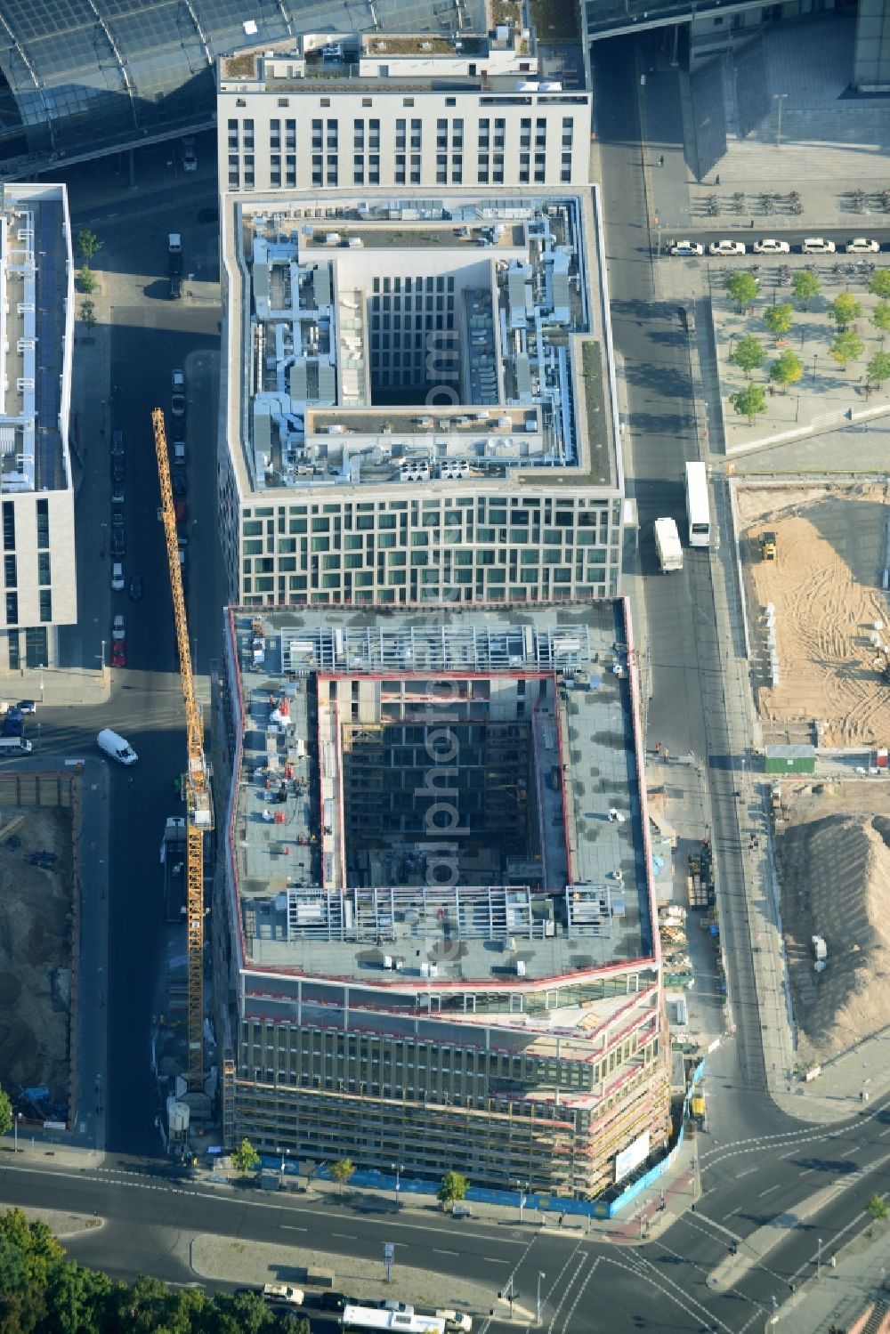 Berlin Moabit from above - Lehrter Stadtquartier quarter in the Moabit part of Berlin in Germany. The quarter consists of 5 blocks which form a complex of office buildings and hotels