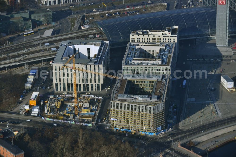 Berlin from above - Lehrter Stadtquartier quarter in the Moabit part of Berlin in Germany. The quarter consists of 5 blocks which form a complex of office buildings and hotels