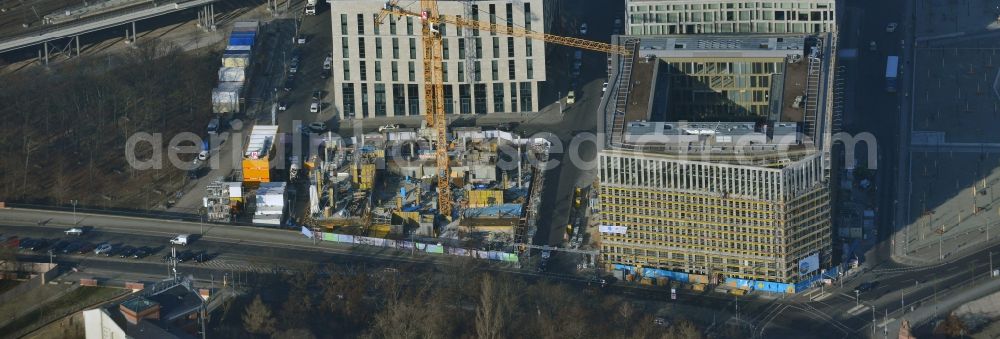 Berlin from above - Lehrter Stadtquartier quarter in the Moabit part of Berlin in Germany. The quarter consists of 5 blocks which form a complex of office buildings and hotels