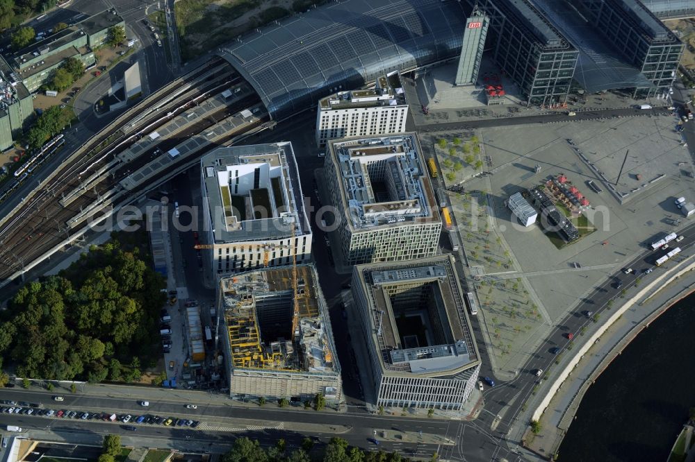 Berlin from above - Lehrter Stadtquartier quarter in the Moabit part of Berlin in Germany. The quarter consists of 5 blocks which form a complex of office buildings and hotels