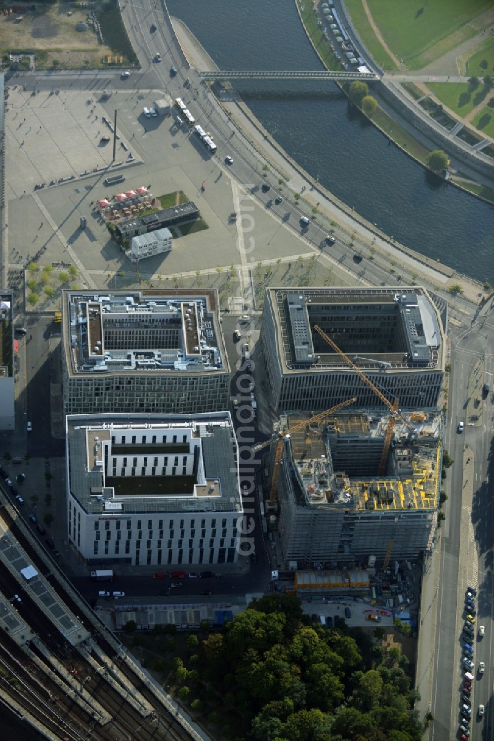 Berlin from above - Lehrter Stadtquartier quarter in the Moabit part of Berlin in Germany. The quarter consists of 5 blocks which form a complex of office buildings and hotels