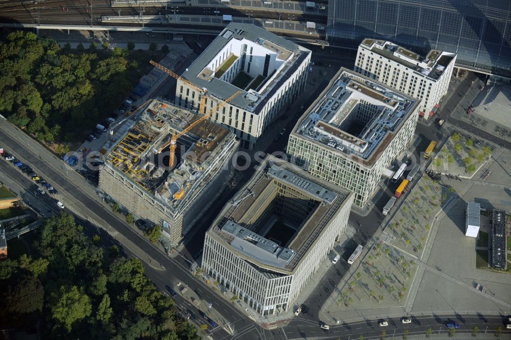 Berlin from above - Lehrter Stadtquartier quarter in the Moabit part of Berlin in Germany. The quarter consists of 5 blocks which form a complex of office buildings and hotels