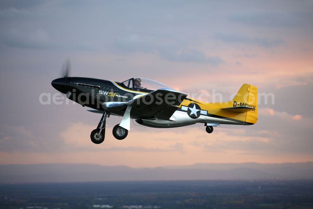 Aerial photograph Stuttgart - Yellow-Black lightplane model FK SW-51 Mustang with the registration number D-MSWX flying in Stuttgart in Baden-Wuerttemberg