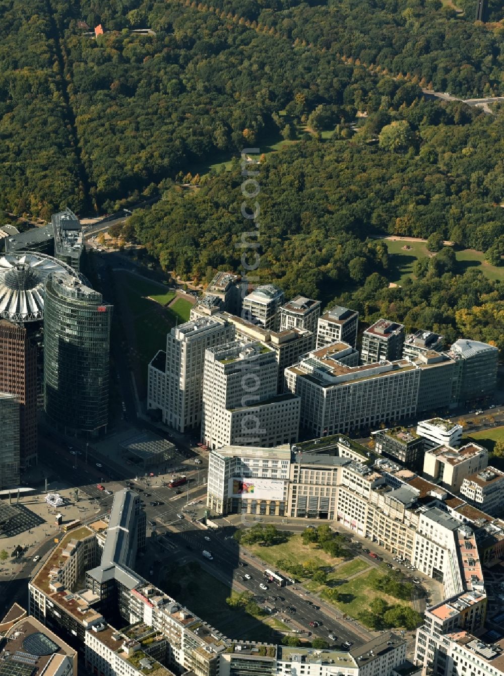 Berlin from above - Ensemble space Leipziger Platz in the inner city center in Berlin in Germany