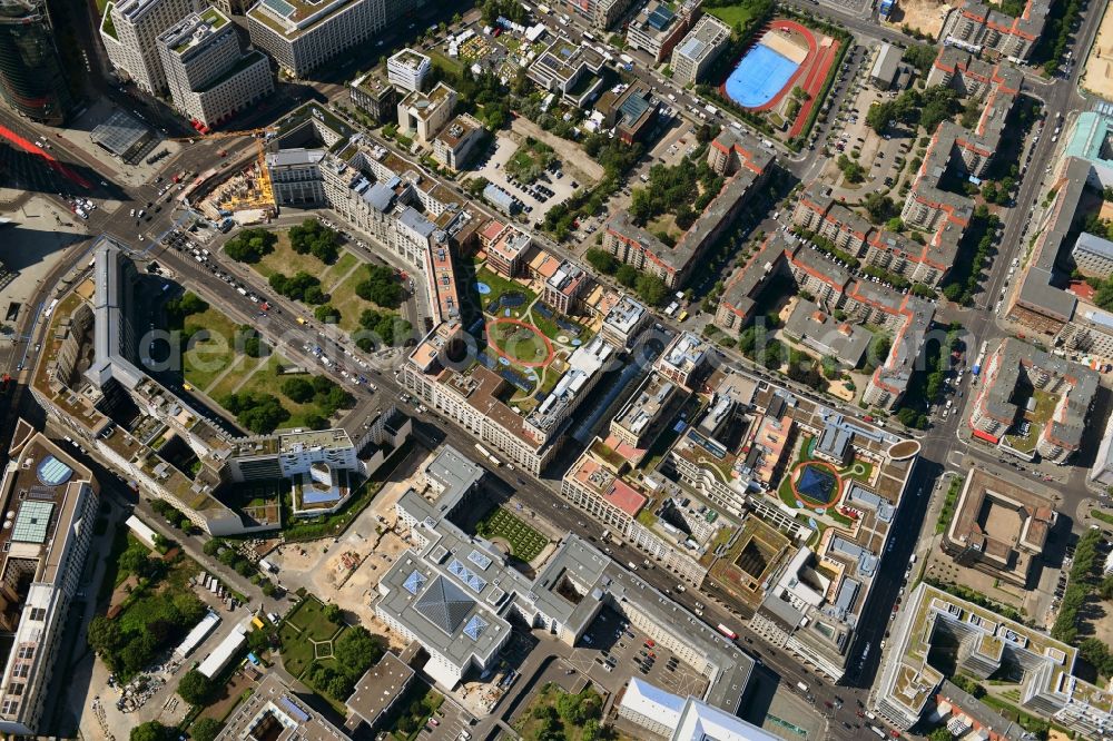 Berlin from the bird's eye view: Ensemble space Leipziger Platz in the inner city center in Berlin in Germany