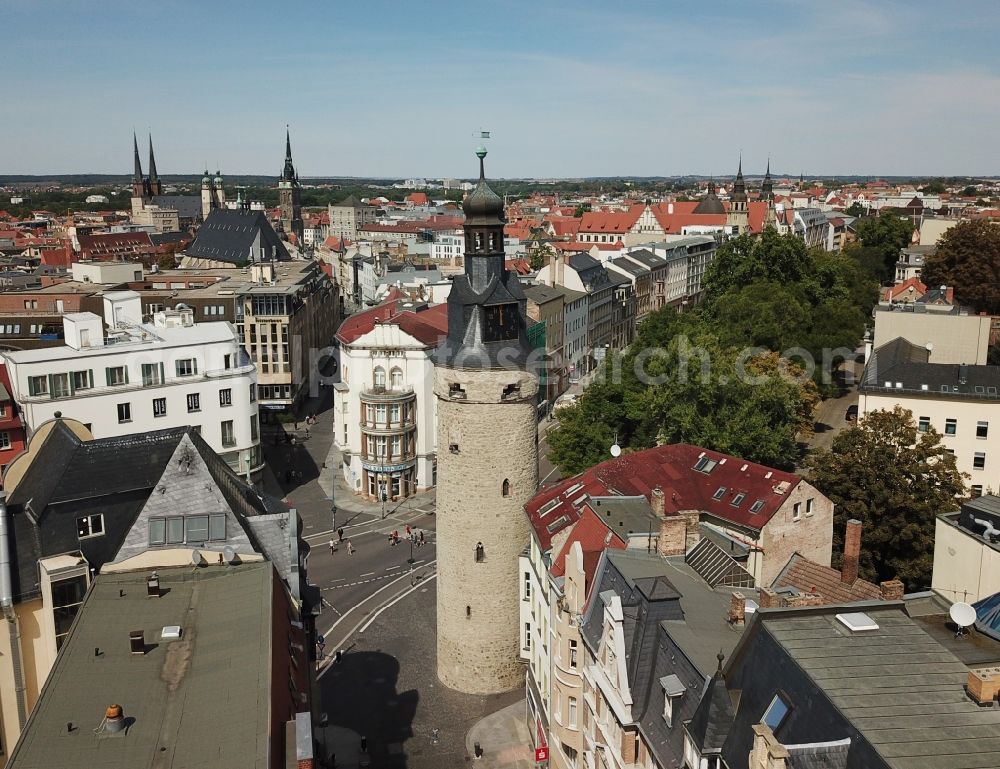 Aerial image Halle (Saale) - Tower Leipziger Turm and the lower and upper Leipziger Strasse (Boulevard) in Halle an der Saale in the state of Saxony-Anhalt