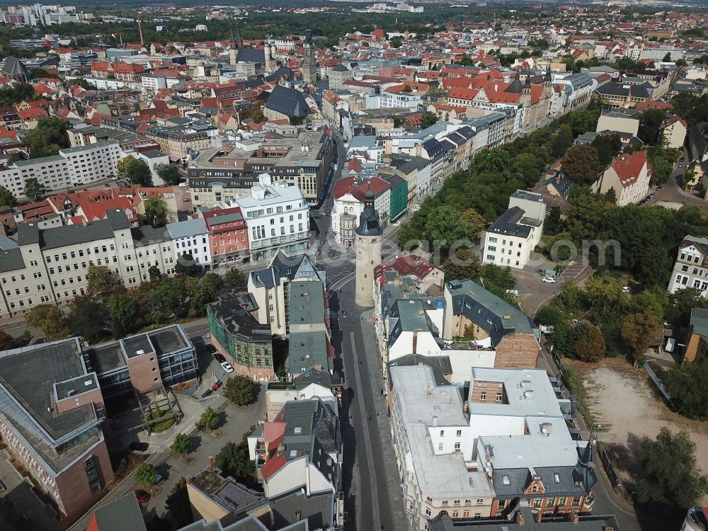 Aerial image Halle (Saale) - Tower Leipziger Turm and the lower and upper Leipziger Strasse (Boulevard) in Halle an der Saale in the state of Saxony-Anhalt