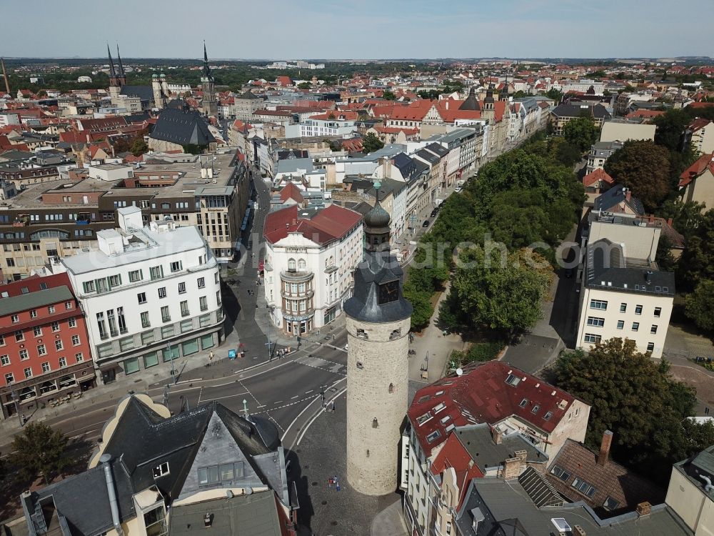 Halle (Saale) from above - Tower Leipziger Turm and the lower and upper Leipziger Strasse (Boulevard) in Halle an der Saale in the state of Saxony-Anhalt