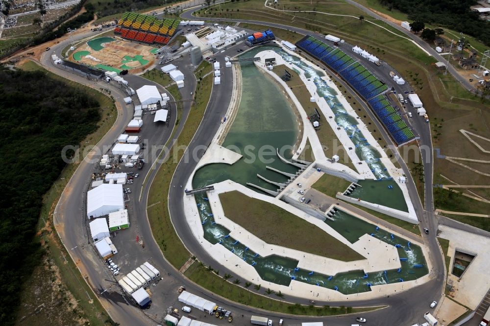 Aerial image Rio de Janeiro - Sports Centre and canoe water sports racetrack on Deodoro Sports Complex before the summer Olympic Games of the XXI. Olympics in Rio de Janeiro in Brazil