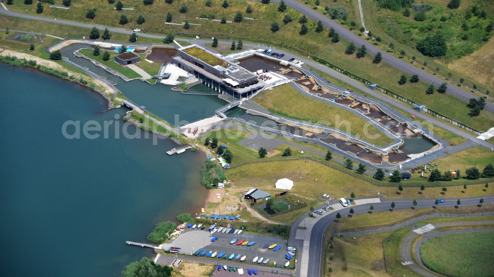 Markkleeberg from above - Competitive sports center and canoe and kayak water sports race track Kanupark Markkleeberg according to designs by RKW Architektur + Rhode Kellermann Wawrowsky GmbH on the Wildwasserkehre in Markkleeberg in the state Saxony, Germany