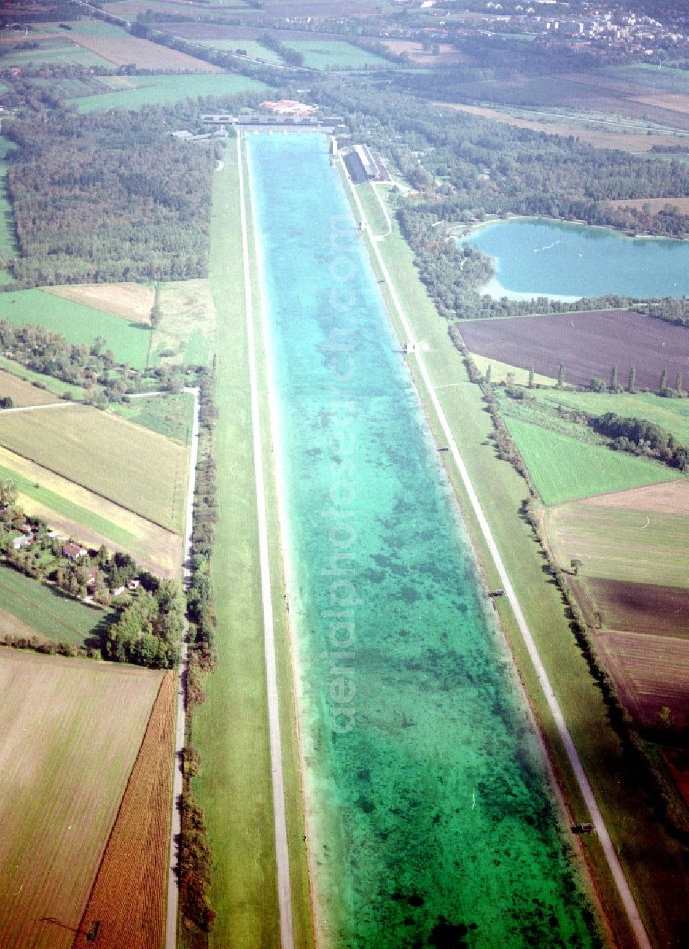 Oberschleißheim from above - Sporting center of the regatta courses - Racetrack Olympia-Regattastrecke on Dachauer Strasse in Oberschleissheim in the state Bavaria, Germany