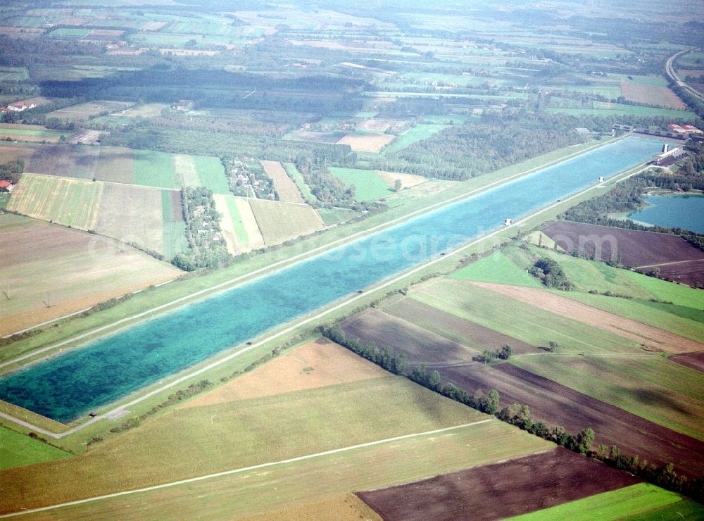 Oberschleißheim from above - Sporting center of the regatta courses - Racetrack Olympia-Regattastrecke on Dachauer Strasse in Oberschleissheim in the state Bavaria, Germany