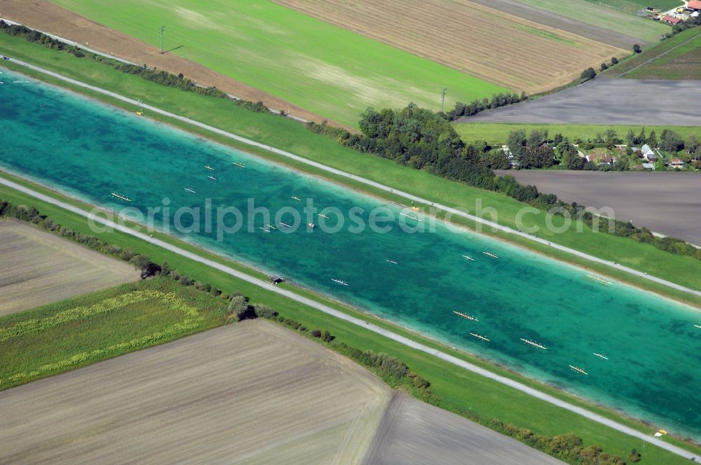 Oberschleißheim from above - Sporting center of the regatta courses - Racetrack Olympia-Regattastrecke on Dachauer Strasse in Oberschleissheim in the state Bavaria, Germany