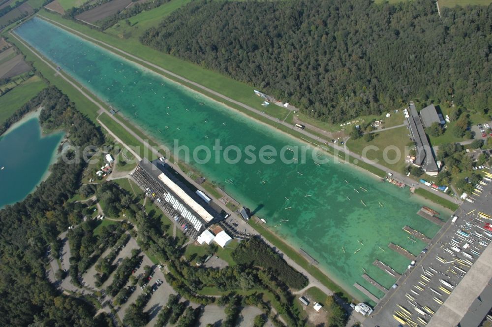 Oberschleißheim from the bird's eye view: Sporting center of the regatta courses - Racetrack Olympia-Regattastrecke on Dachauer Strasse in Oberschleissheim in the state Bavaria, Germany