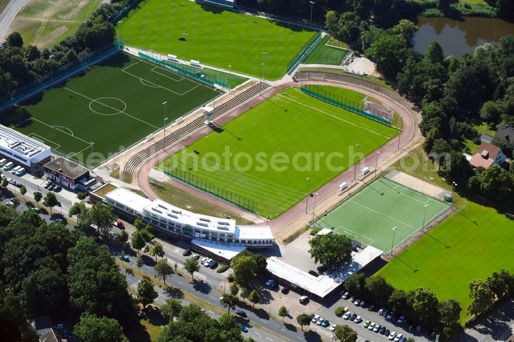 Wolfsburg from above - Football stadium of the football club VfL Wolfsburg Fussball GmbH Nachwuchs- Leistungszentrum Porschestadion in Wolfsburg in the state Lower Saxony, Germany