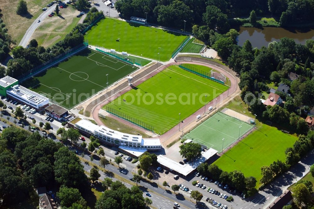 Wolfsburg from the bird's eye view: Football stadium of the football club VfL Wolfsburg Fussball GmbH Nachwuchs- Leistungszentrum Porschestadion in Wolfsburg in the state Lower Saxony, Germany