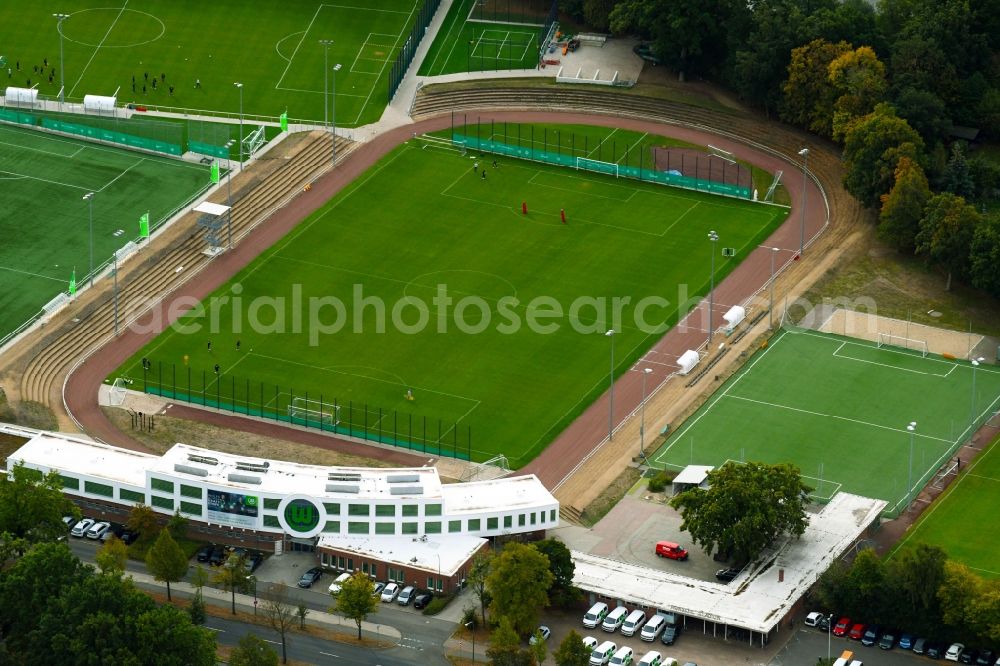 Aerial image Wolfsburg - Football stadium of the football club VfL Wolfsburg Fussball GmbH Nachwuchs- Leistungszentrum Porschestadion in Wolfsburg in the state Lower Saxony, Germany