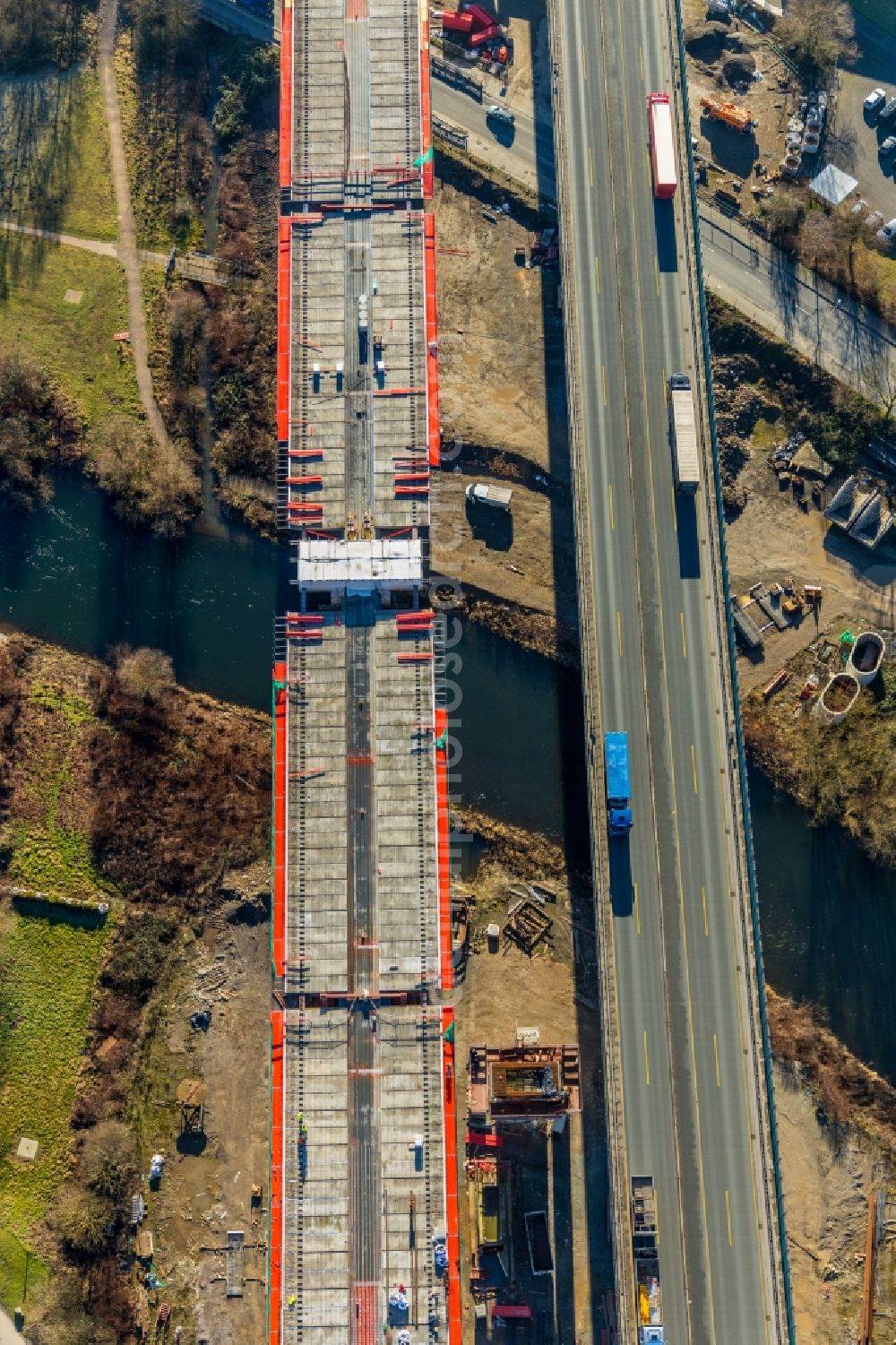 Aerial photograph Hagen - Construction site of the Lennetalbruecke in Hagen in the state North Rhine-Westphalia in Germany