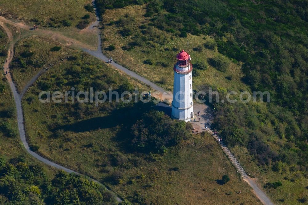 Insel Hiddensee from the bird's eye view: Lighthouse as a historic seafaring character Im Dornbuschwald on island Insel Hiddensee in the state Mecklenburg - Western Pomerania, Germany