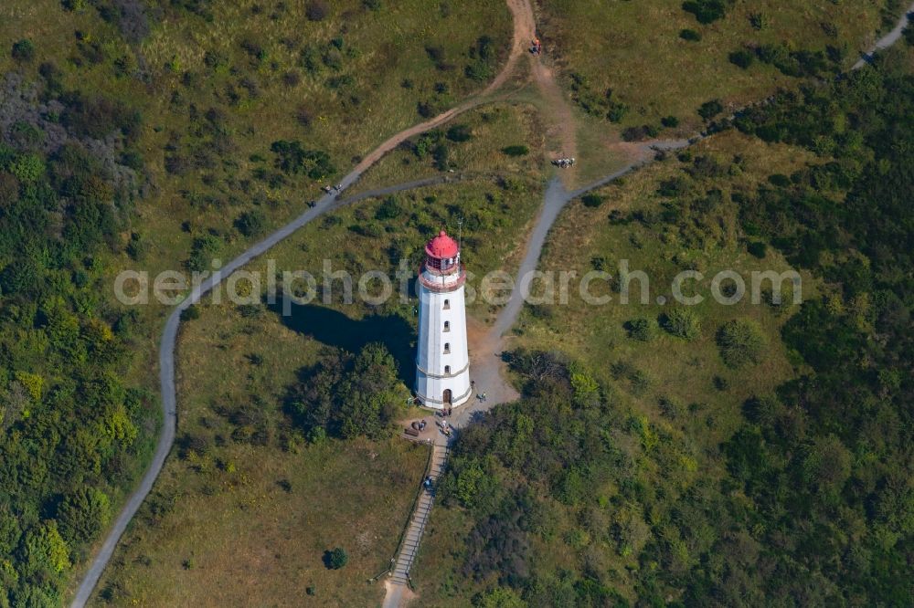 Aerial image Insel Hiddensee - Lighthouse as a historic seafaring character Im Dornbuschwald on island Insel Hiddensee in the state Mecklenburg - Western Pomerania, Germany