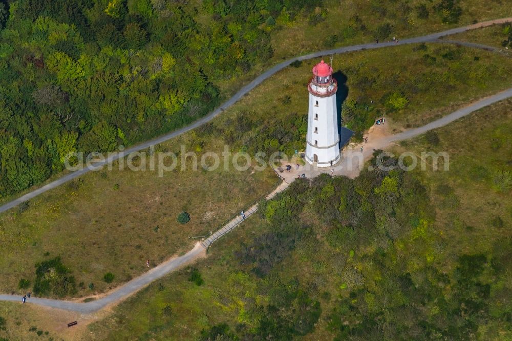 Aerial photograph Insel Hiddensee - Lighthouse as a historic seafaring character Im Dornbuschwald on island Insel Hiddensee in the state Mecklenburg - Western Pomerania, Germany