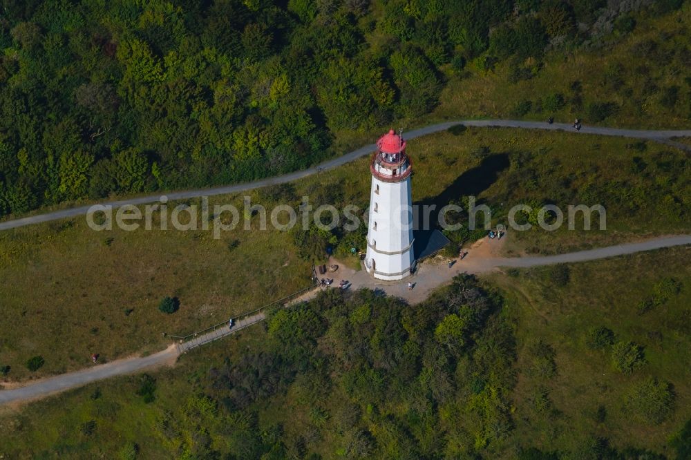 Insel Hiddensee from above - Lighthouse as a historic seafaring character Im Dornbuschwald on island Insel Hiddensee in the state Mecklenburg - Western Pomerania, Germany