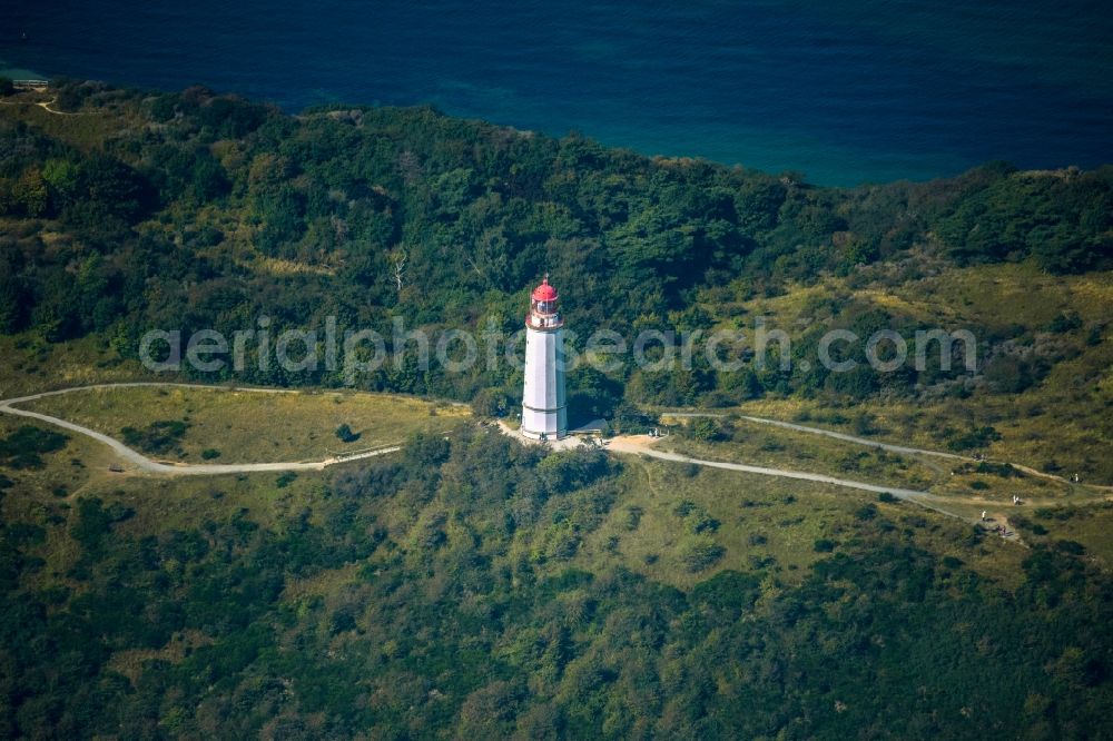 Aerial photograph Insel Hiddensee - Lighthouse as a historic seafaring character Im Dornbuschwald on island Insel Hiddensee in the state Mecklenburg - Western Pomerania, Germany