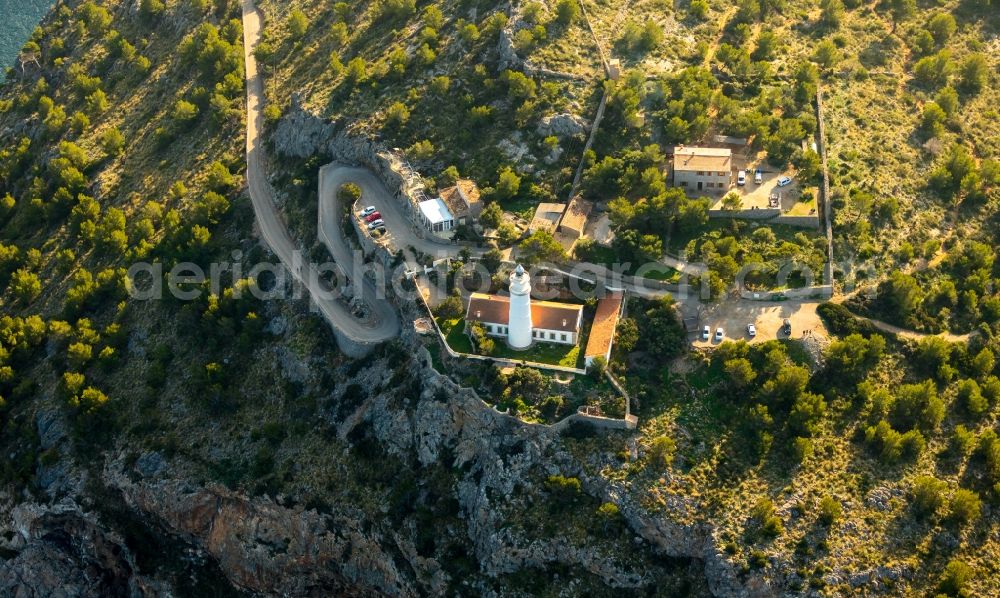 Aerial image Soller - Lighthouse as a historic seafaring character Far del Cap Gros in Soller in Balearic Islands, Spain