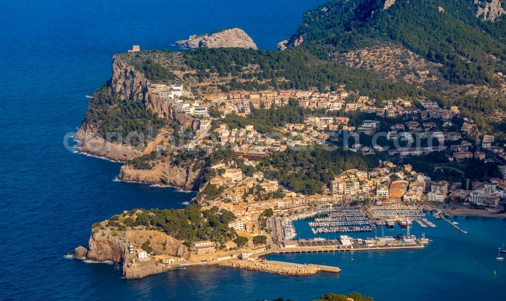 Aerial photograph Soller - Lighthouse as a historic seafaring character in the coastal area Balearic Sea in Soller in Balearic Islands, Spain