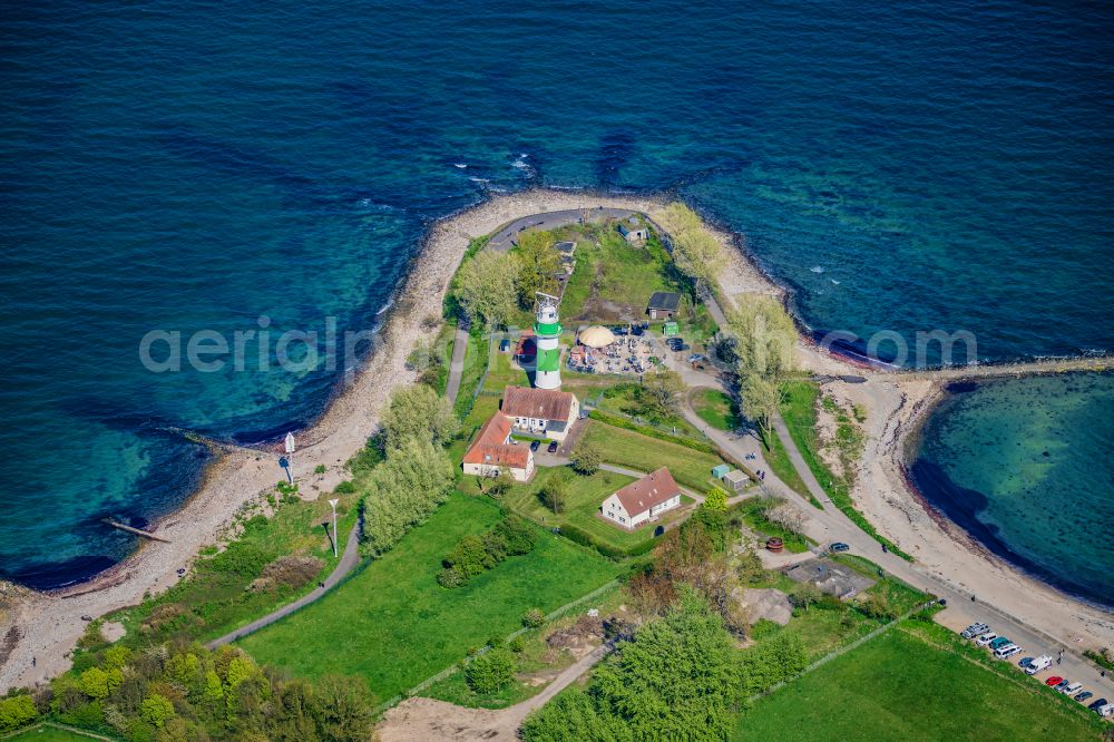 Aerial image Strande - Lighthouse as a historic seafaring character in the coastal area Buelk on street Buelker Weg in Strande in the state Schleswig-Holstein, Germany