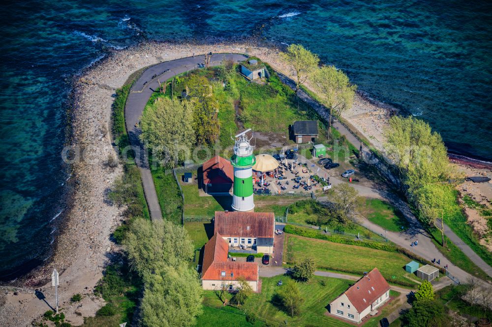 Aerial photograph Strande - Lighthouse as a historic seafaring character in the coastal area Buelk on street Buelker Weg in Strande in the state Schleswig-Holstein, Germany