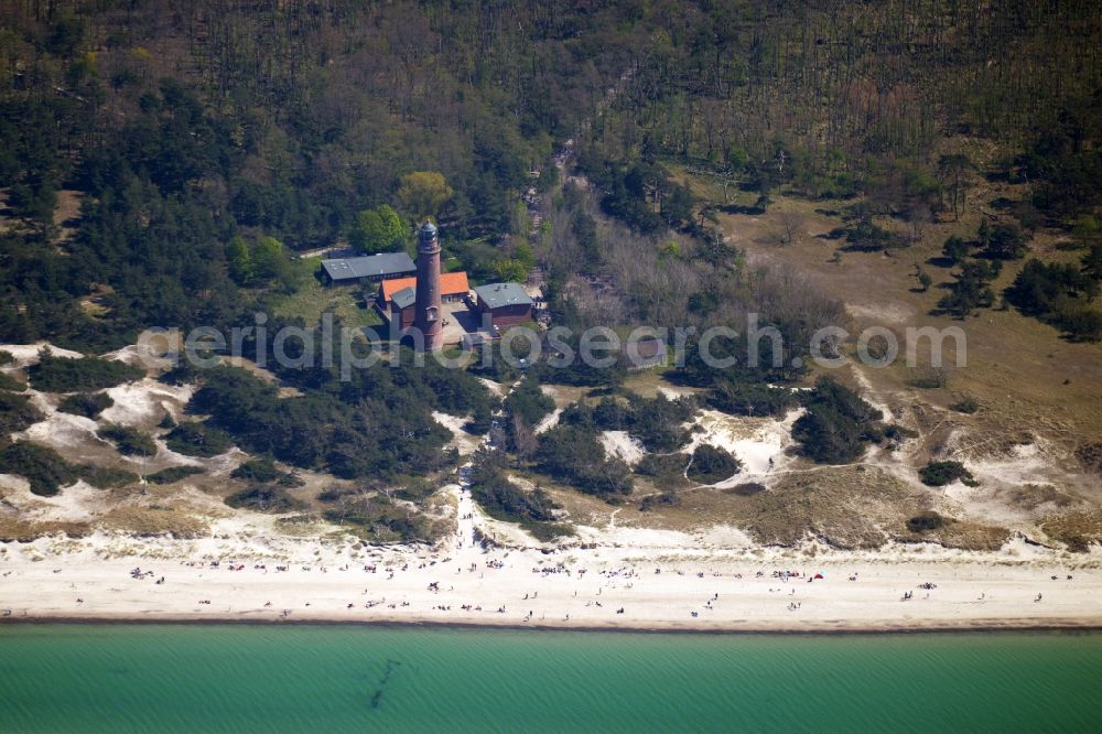 Aerial image Born am Darß - Lighthouse as a historic seafaring character in the coastal area of the Baltic Sea in the district Darsser Ort in Born am Darss in the state Mecklenburg - Western Pomerania