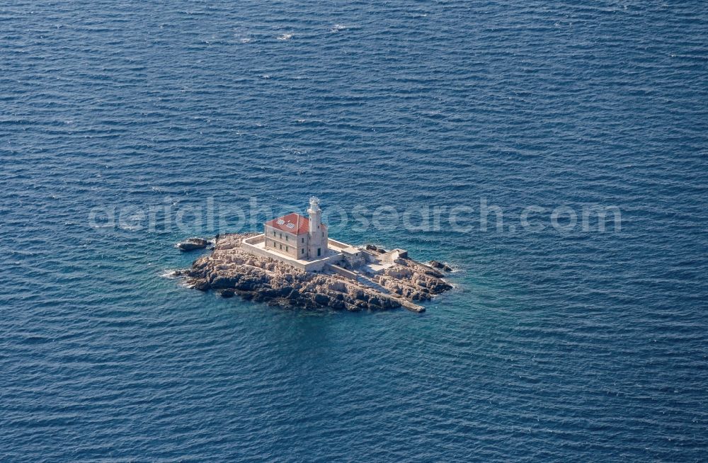 Aerial photograph Rogoznica - Lighthouse as a historic seafaring character in the coastal area of Otocic Mulo in Rogoznica in Kroatien