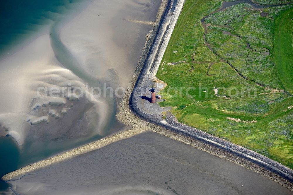 Aerial image Langeneß - Lighthouse as a historic seafaring character in the coastal area of North Sea in Langeness in the state Schleswig-Holstein