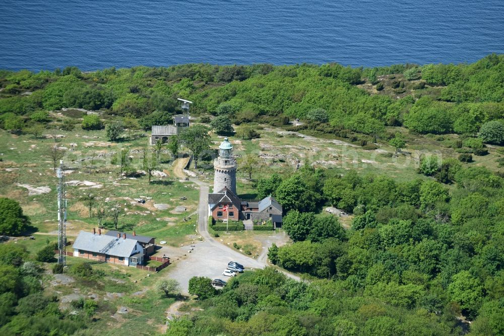 Aerial image Allinge - Lighthouse as a historic seafaring character in the coastal area of Baltic Sea on Bornholm Island in Allinge in Region Hovedstaden, Denmark