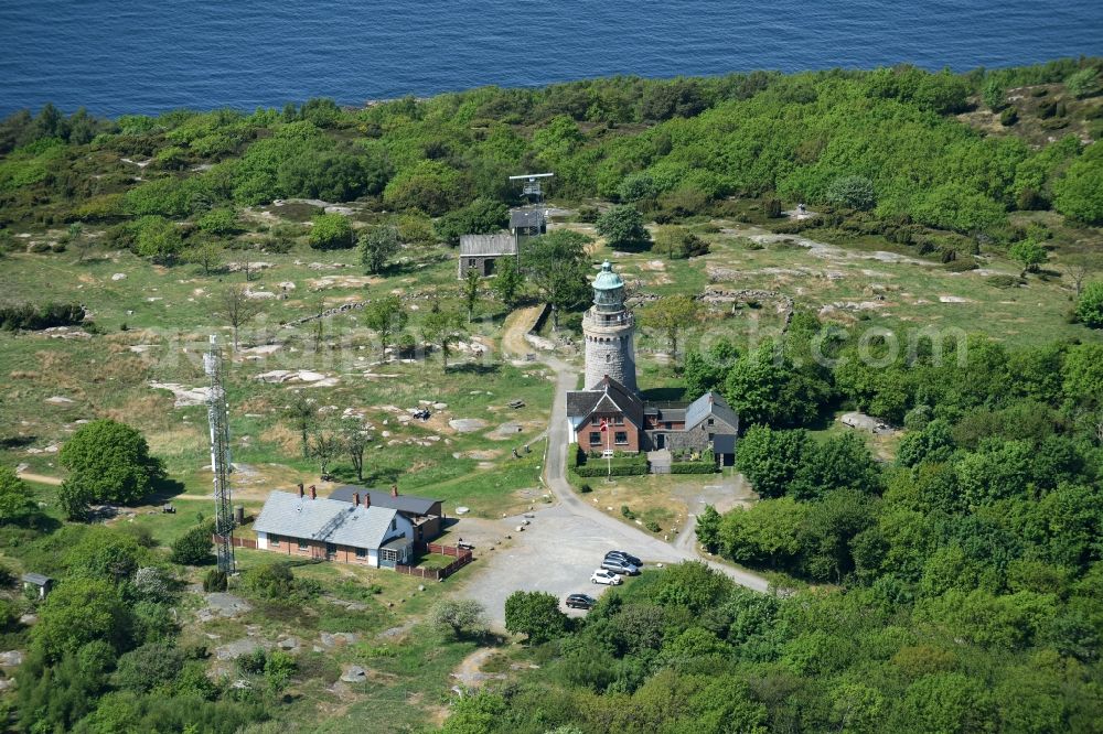 Aerial photograph Allinge - Lighthouse as a historic seafaring character in the coastal area of Baltic Sea on Bornholm Island in Allinge in Region Hovedstaden, Denmark