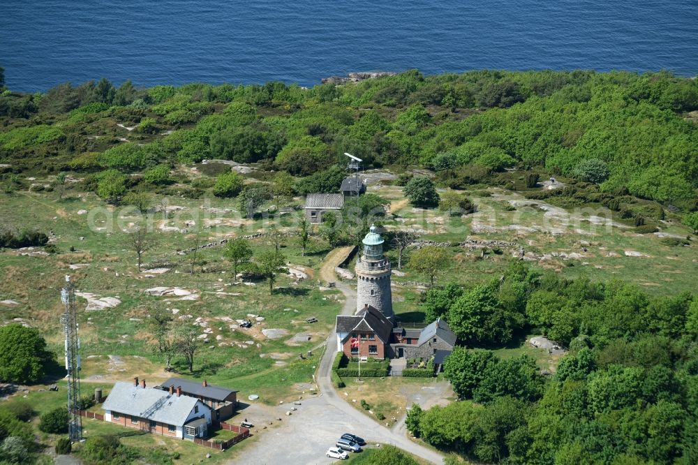 Aerial image Allinge - Lighthouse as a historic seafaring character in the coastal area of Baltic Sea on Bornholm Island in Allinge in Region Hovedstaden, Denmark