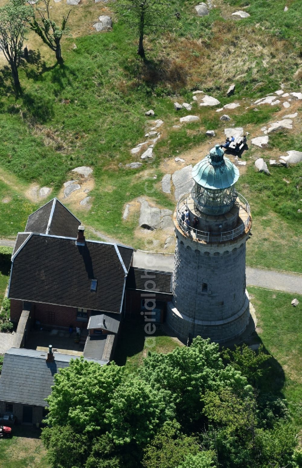 Allinge from above - Lighthouse as a historic seafaring character in the coastal area of Baltic Sea on Bornholm Island in Allinge in Region Hovedstaden, Denmark