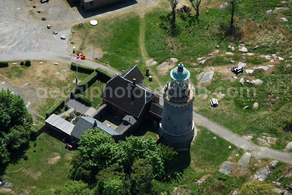 Aerial image Allinge - Lighthouse as a historic seafaring character in the coastal area of Baltic Sea on Bornholm Island in Allinge in Region Hovedstaden, Denmark