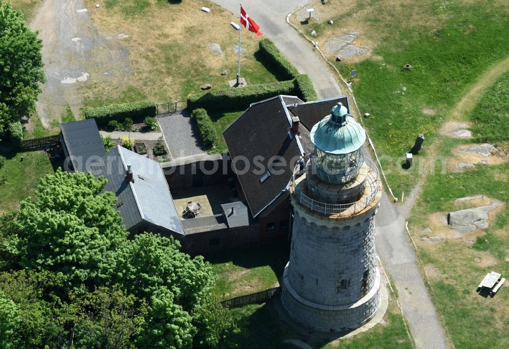 Aerial image Allinge - Lighthouse as a historic seafaring character in the coastal area of Baltic Sea on Bornholm Island in Allinge in Region Hovedstaden, Denmark